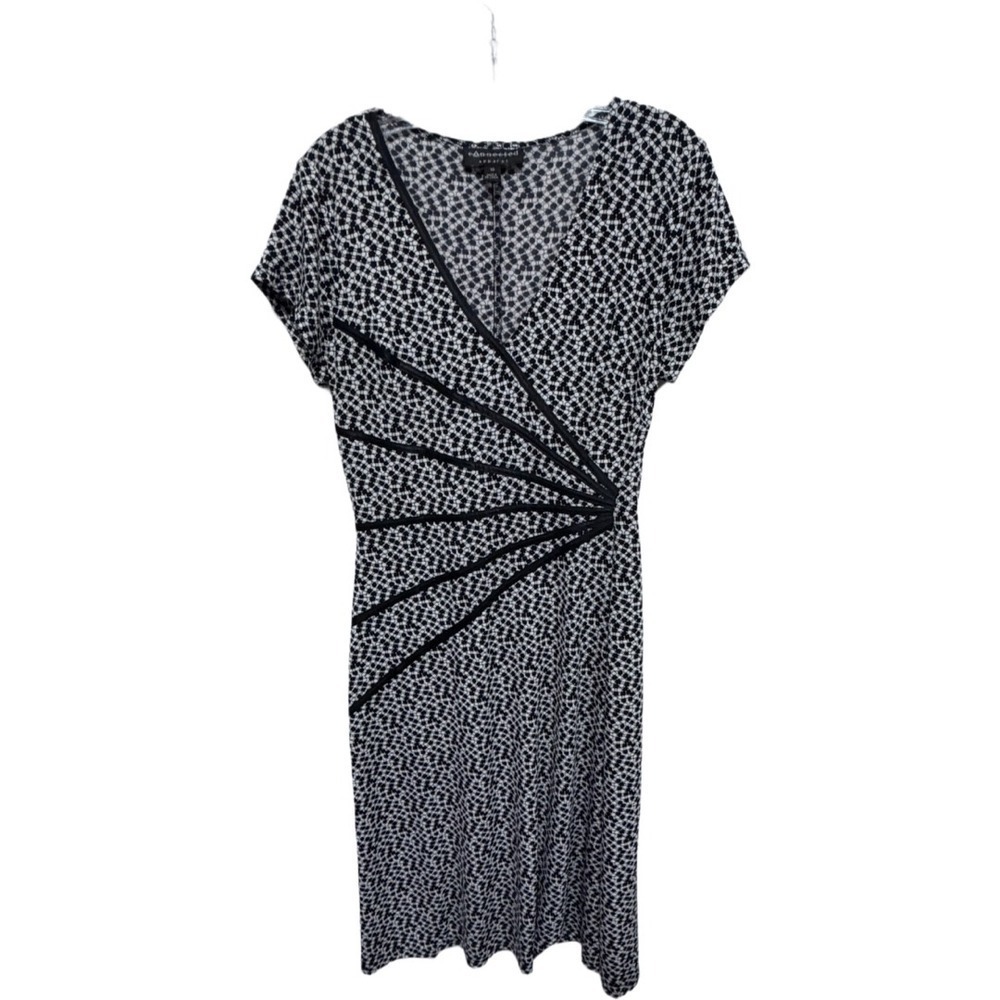 Connected Apparel Size 10 Black Geometric Knit V-Neck Sheath Dress Formal Casual